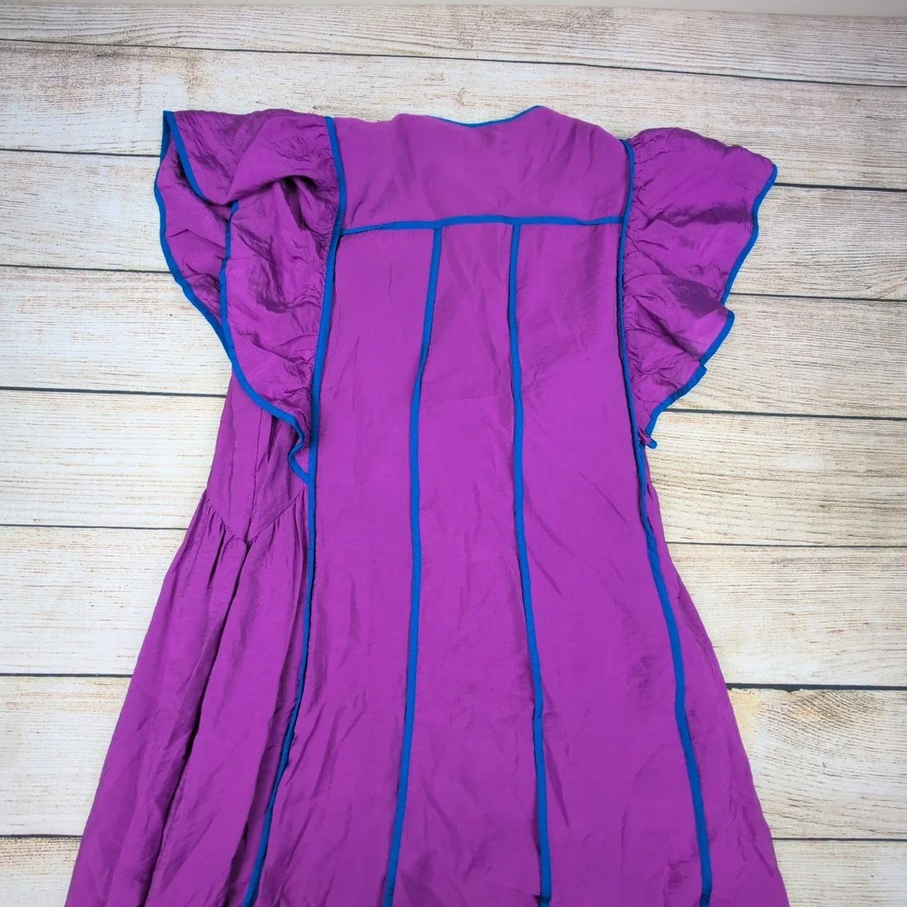 Anthropologie  The Mimi Purple Midi Dress V Neck Ruffle Sleeve ‎ XXS